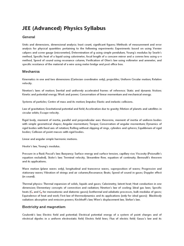 JEE (Advanced) Physics Syllabus: General | PDF | Trigonometric ...