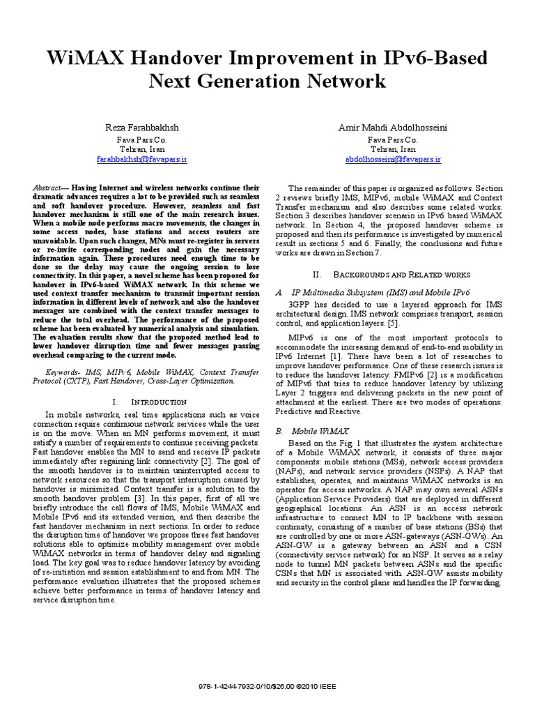 WiMAX Handover Improvement in IPv6-Based | PDF | Ip Multimedia ...