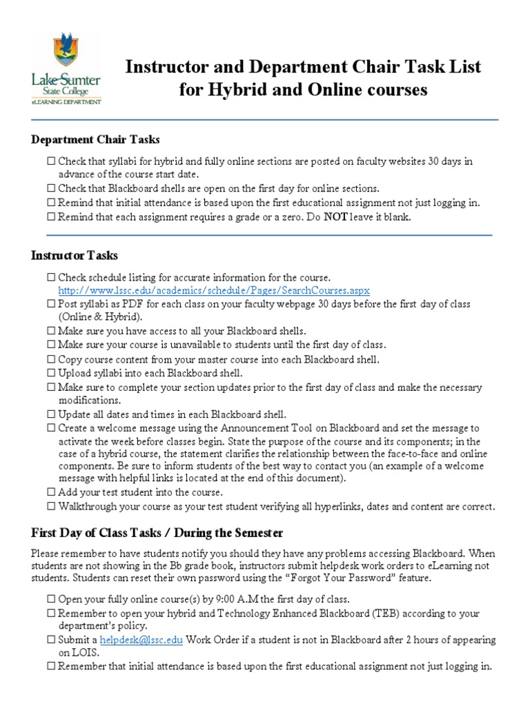 Course Start Instructor Task Lists Checklist Blackboard Updated 04-17 ...