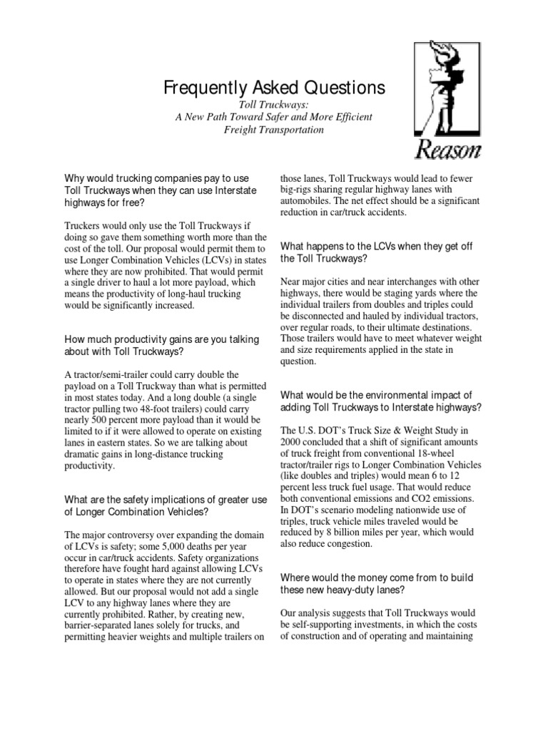 Frequently Asked Questions Toll Truckways A New Path Toward Safer and