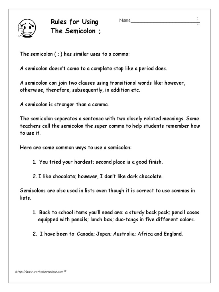 Rules For Using The Semicolon : Name | PDF | Computers