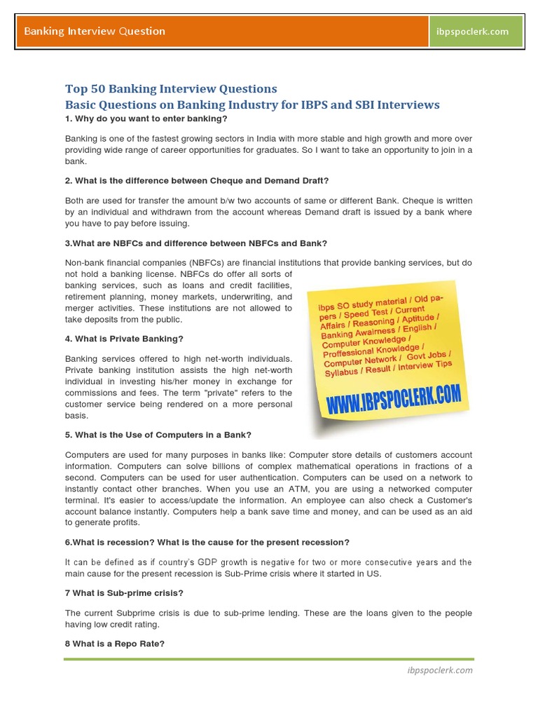 Top 50 Banking Interview Questions | PDF