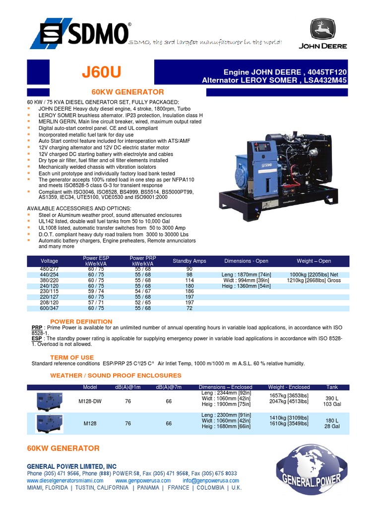 Datasheet 60 Kw Diesel Generator 75 Kva 3 Phase Sdmo John Deere j60u
