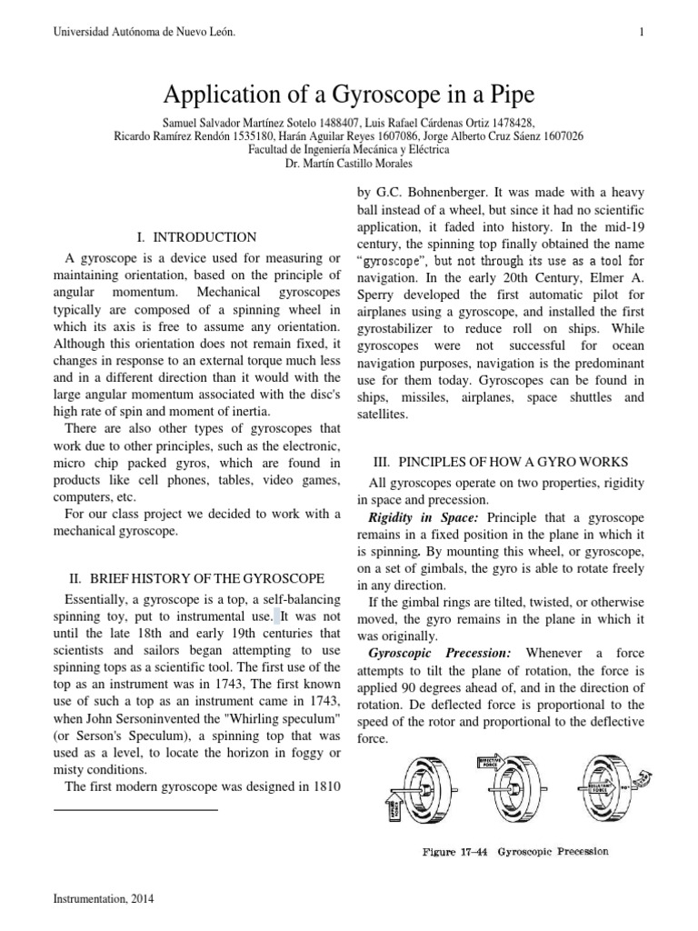 Application of A Gyroscope in A Pipe PDF Gyroscope Machines