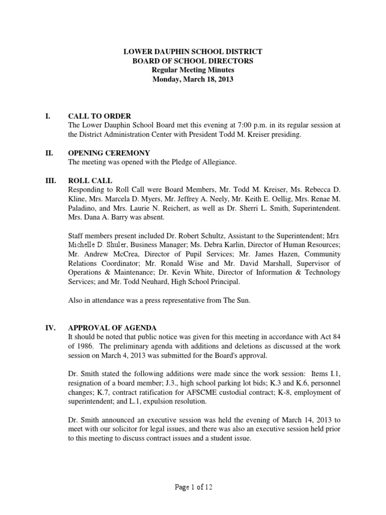 March 18, 2013 Lower Dauphin School Board Regular Meeting Minutes