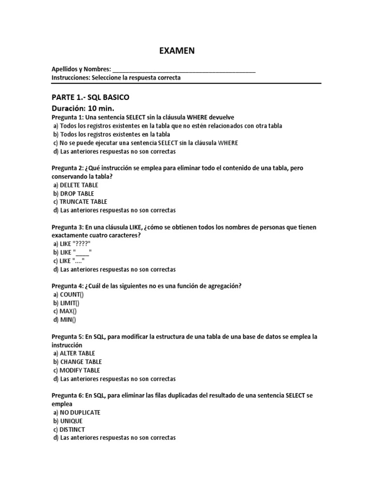 Examen de SQL Basico | Descargar gratis PDF | SQL | Software de la ...