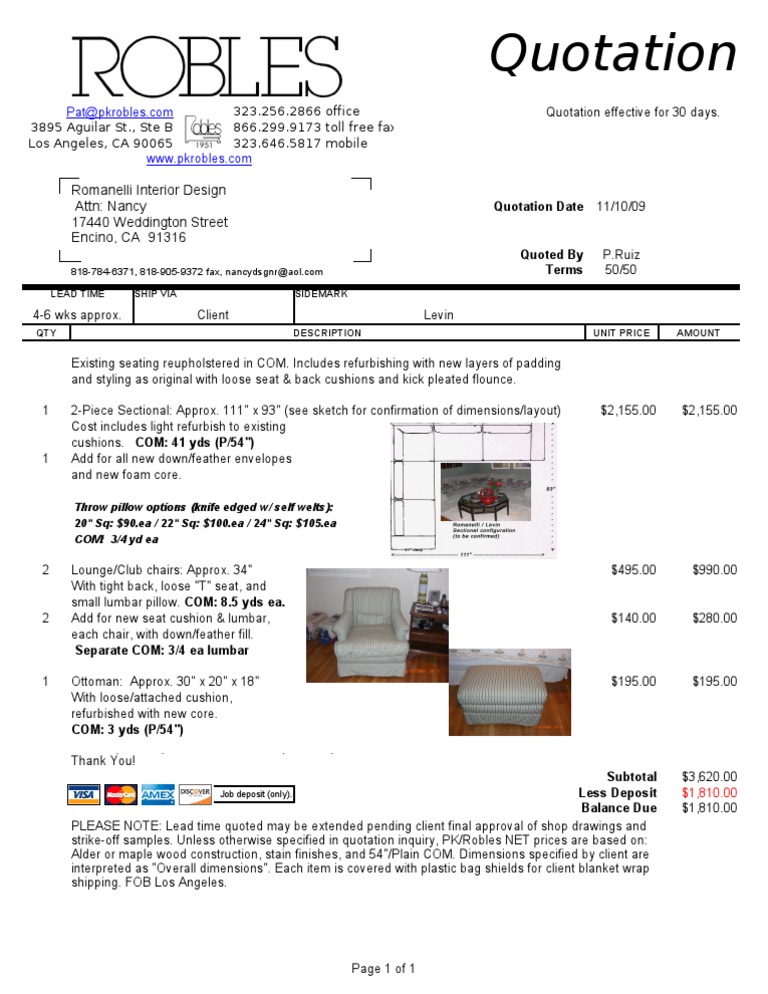 Custom Upholstery Quotation Details | PDF