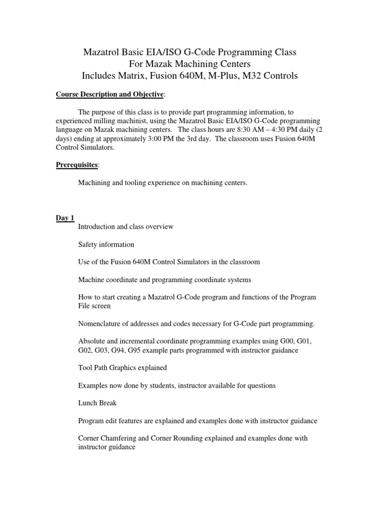 Mazatrol Basic EIA, IsO G Code Programming Class For Mazak Machining Centers Outline PDF