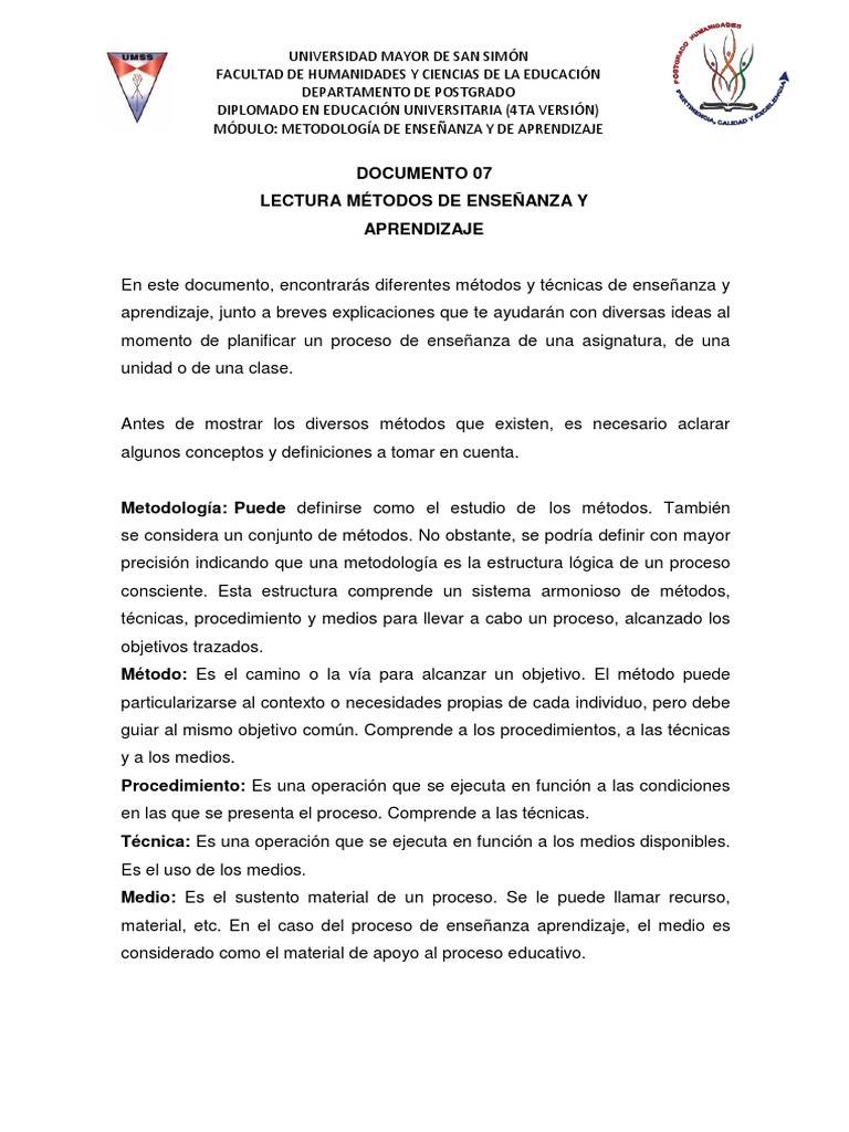 Métodos de Enseñanza y Aprendizaje | PDF | Maestros | Aprendizaje