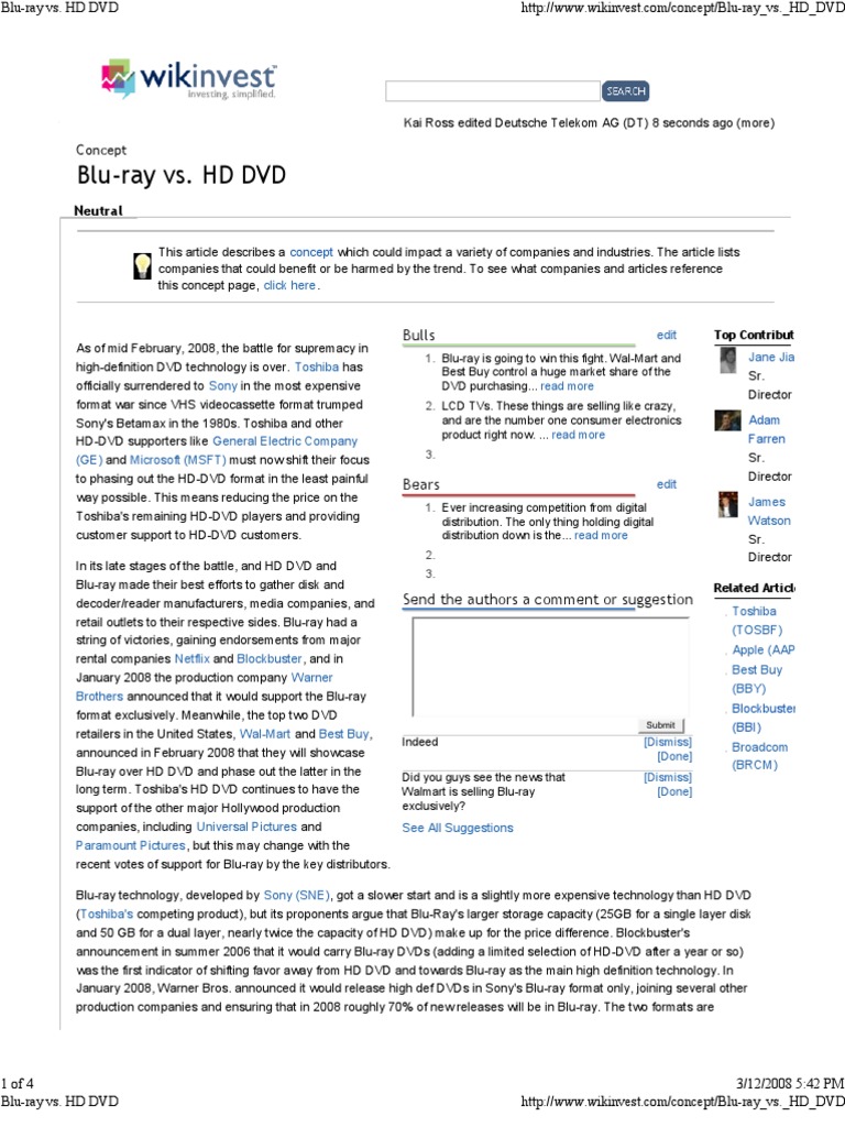 BluRay Vs HD DVD PDF Blu Ray Dvd