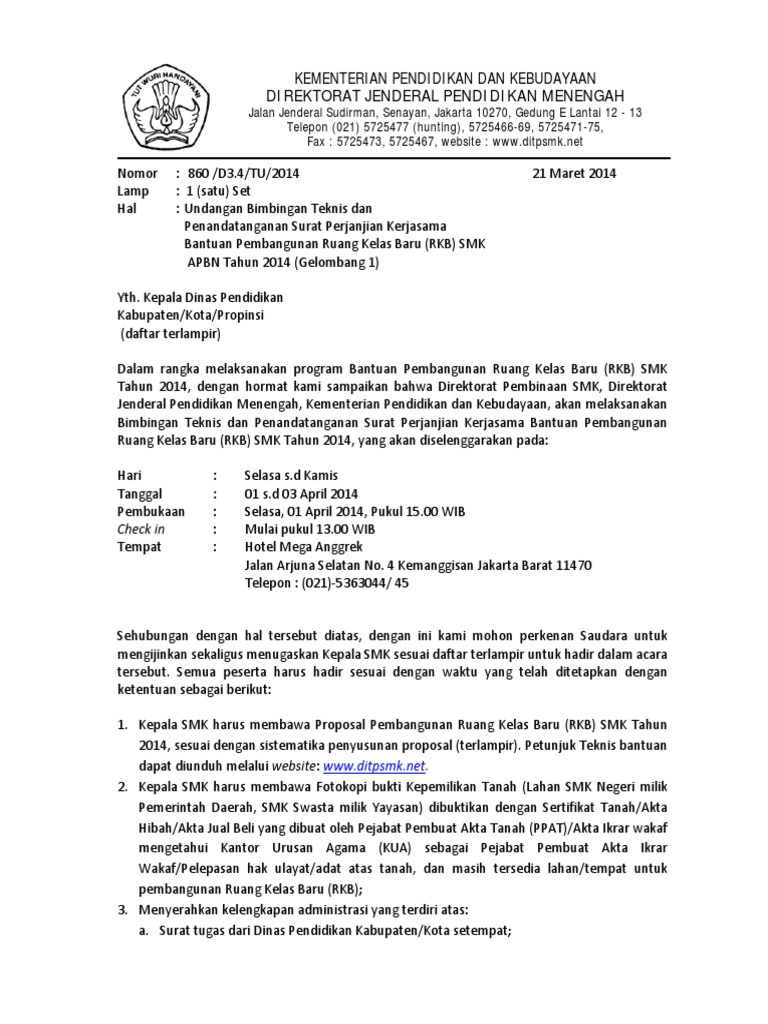 Undangan Bimtek Bantuan Rkb Tahun 2014 Gelombang 1