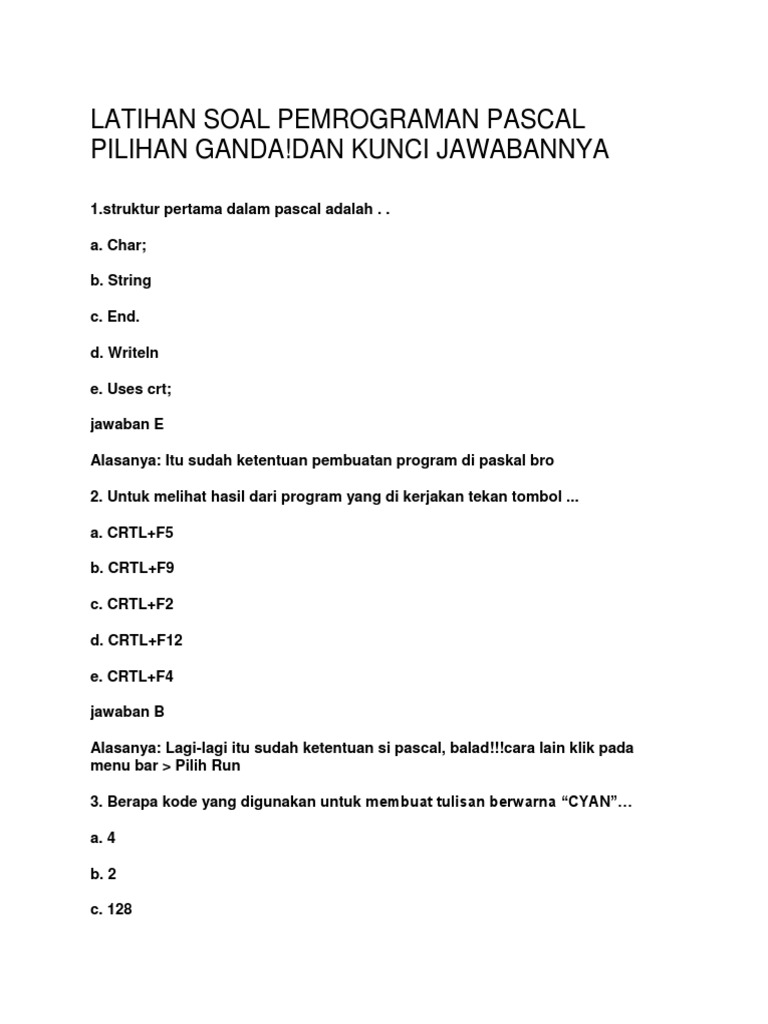 Latihan Soal Pemrograman Pascal Pilihan Ganda