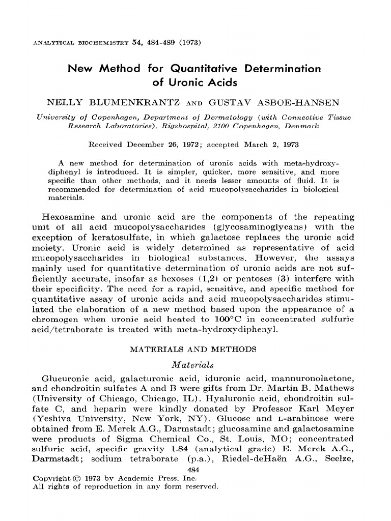 1973 BlumenkrantzNew Method For Uronic Acids PDF Chemical Substances Chemical Compounds