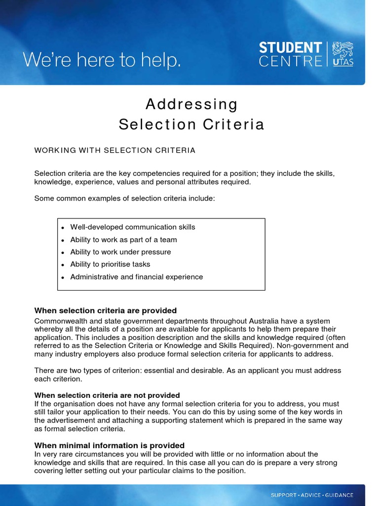 application letter addressing selection criteria example