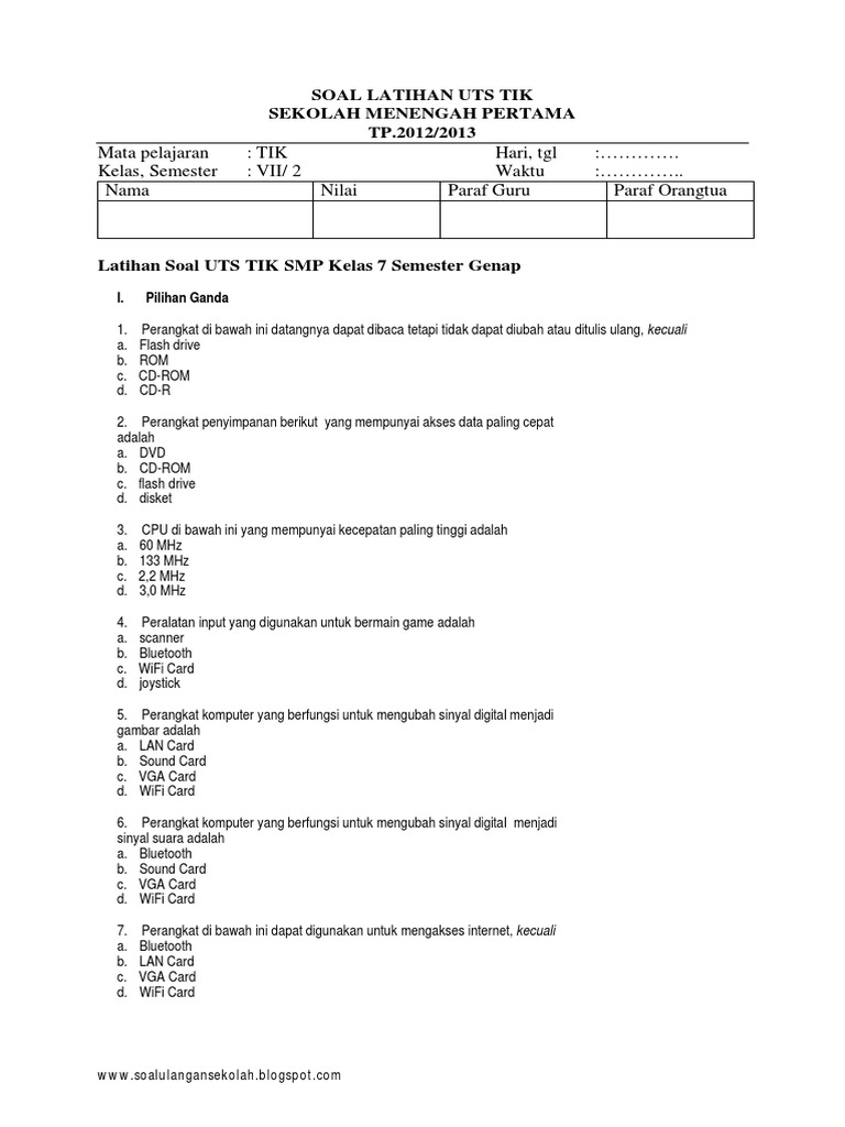 Latihan Soal Uts Tik Smp Kelas 7 Semester Genap