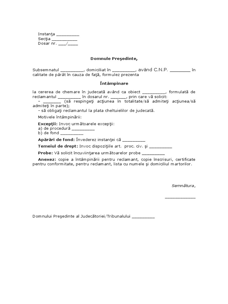 Întâmpinare La Cererea de Chemare În Judecată Model 2014 | PDF