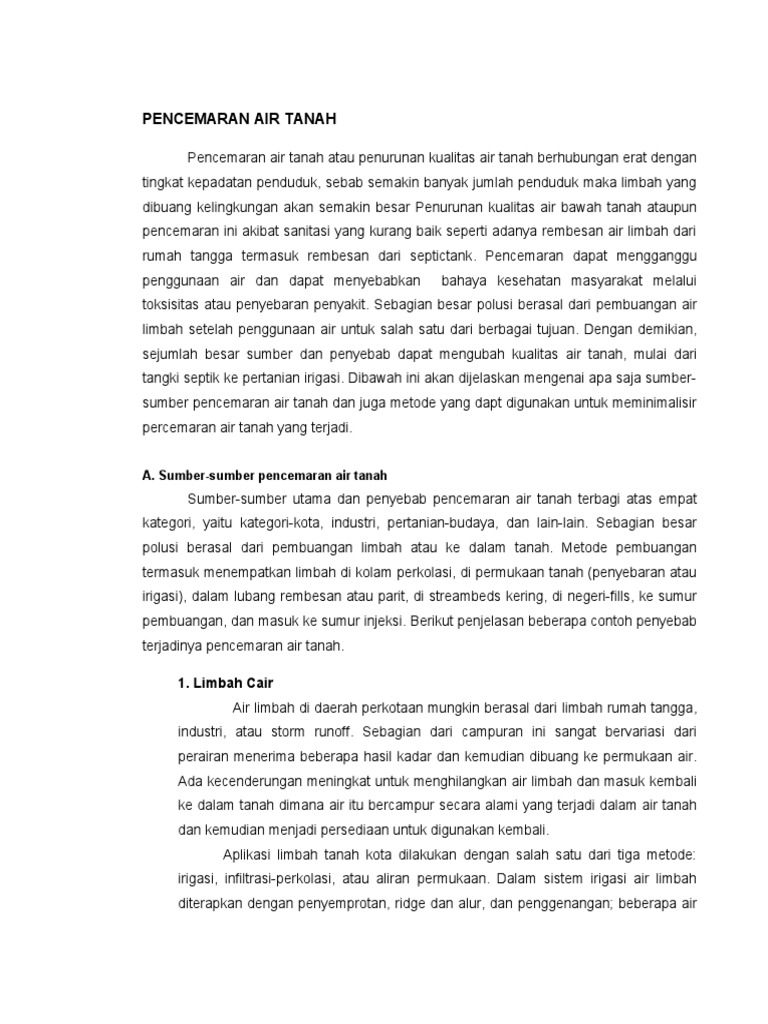 Sumber dan Solusi Pencemaran Air Tanah | PDF | Sains & Matematika ...