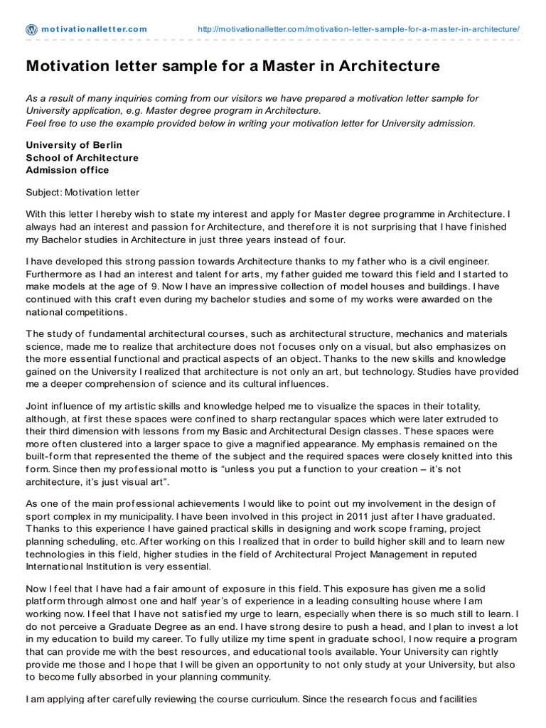 Motivation Letter Sample For A Master in Architecture PDF Master's