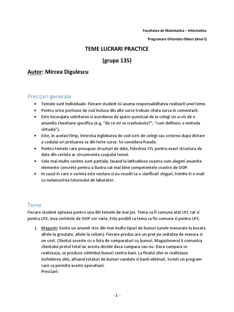Programare Orientata Pe Obiecte (POO) - Exerciti | PDF
