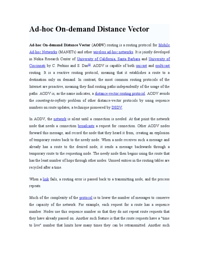 An overview of the ad hoc on demand distance vector aodv routing