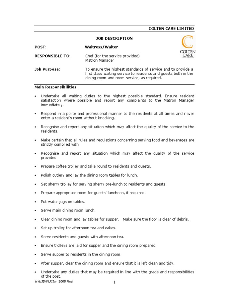 192 Brook View Job Description Waiter Waitress Jan 2008 Final PDF