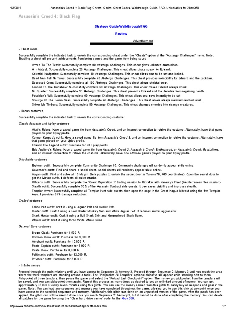 Assassin's Creed 4 Black Flag Cheats, Codes, Cheat Codes, Walkthrough