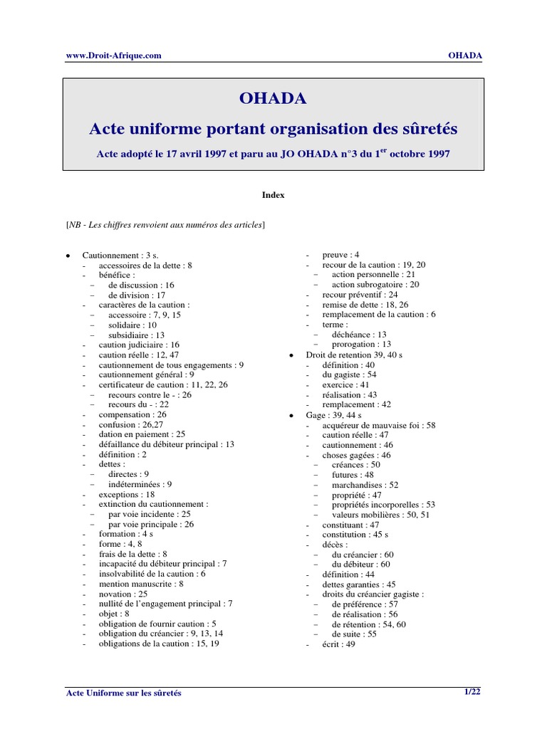 Le Nouvel Acte Uniforme Portant Organisation Des Suretes Ohada - Au Suretes | PDF | Cautionnement | Droit de rétention