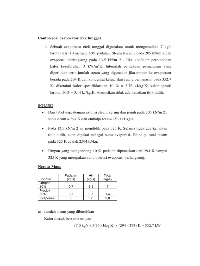 Contoh Soal Evaporator Efek Tunggal