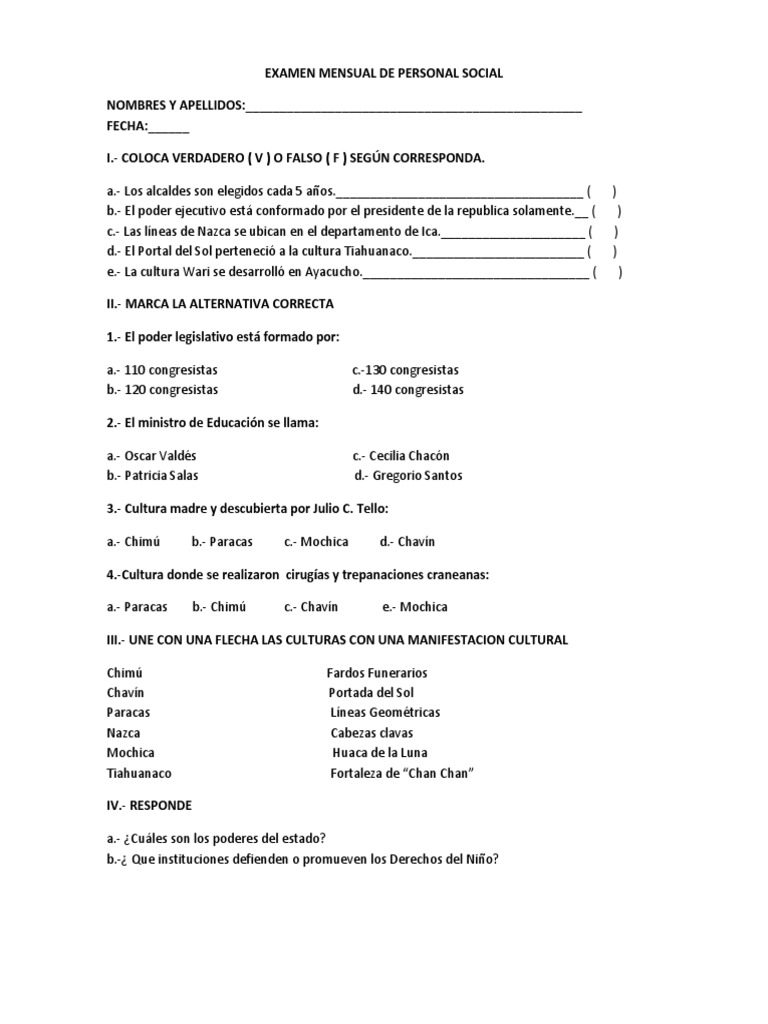 Examen Mensual de Personal Social | PDF | Ciencias sociales