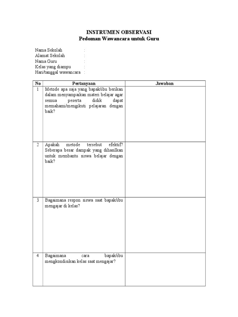 INSTRUMEN OBSERVASI Pedoman Wawancara Guru