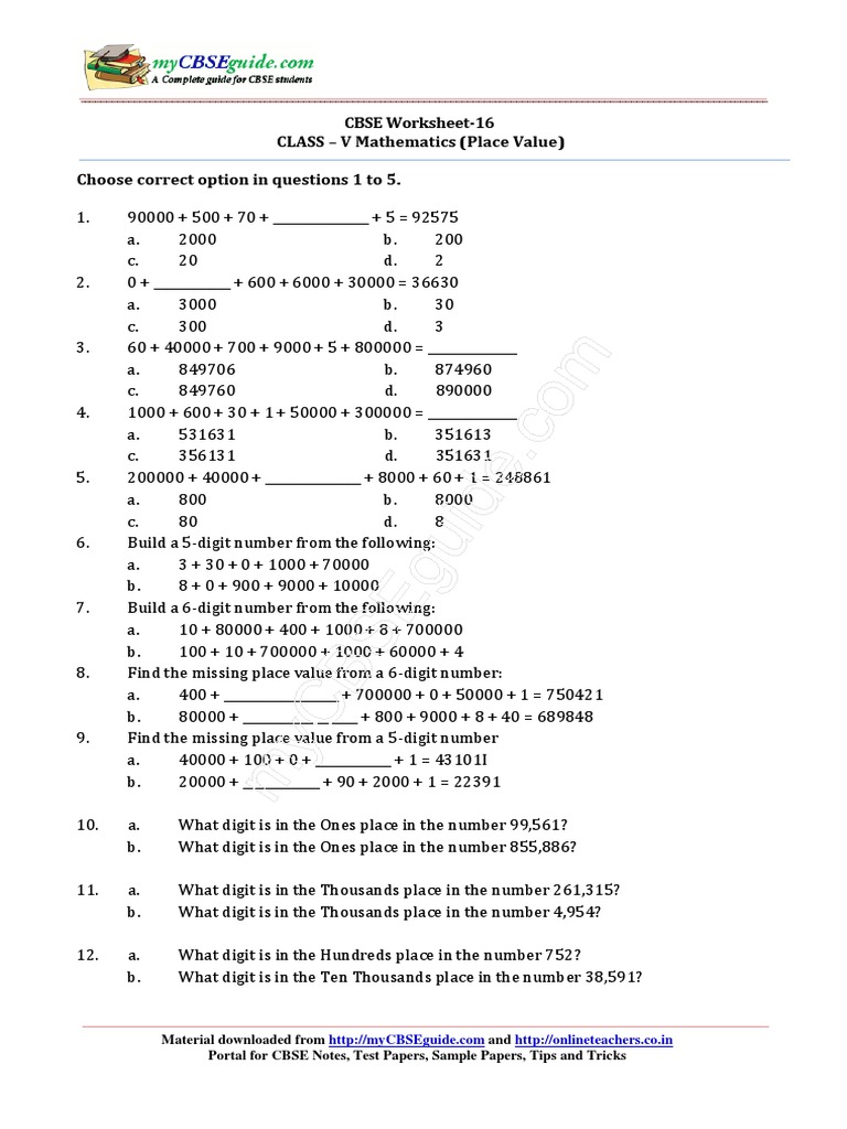 テキスト CBSE Worksheet-16 CLASS - V Mathematics (Place Value) Choose