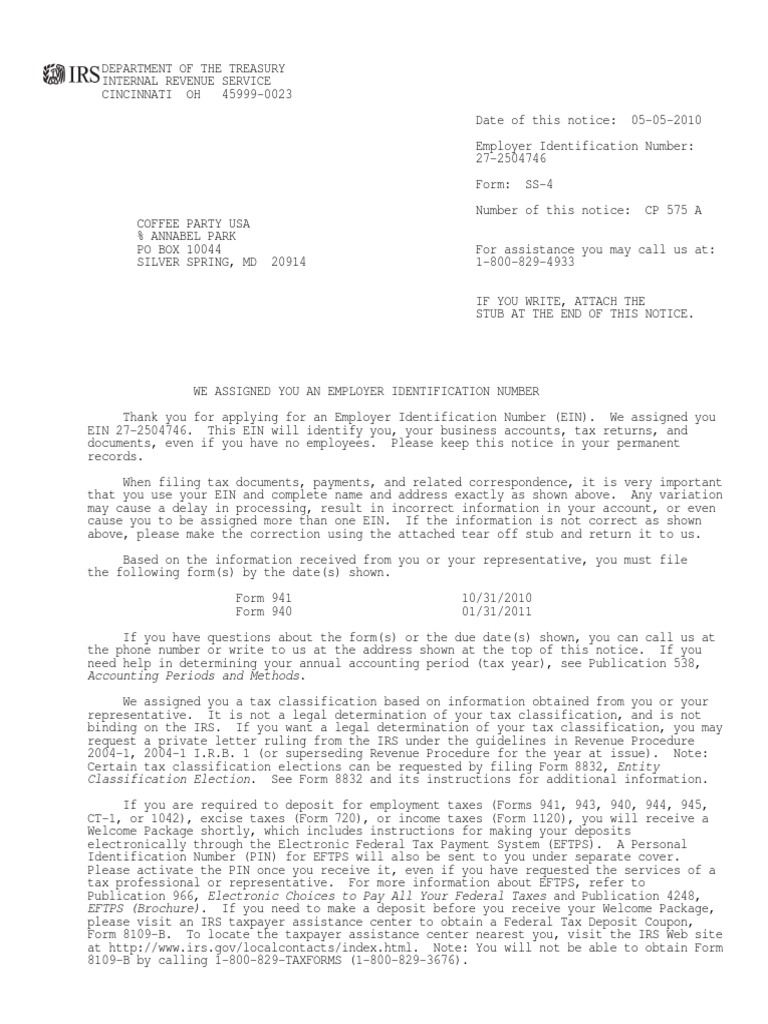 EIN Letter from IRS Internal Revenue Service United States Federal