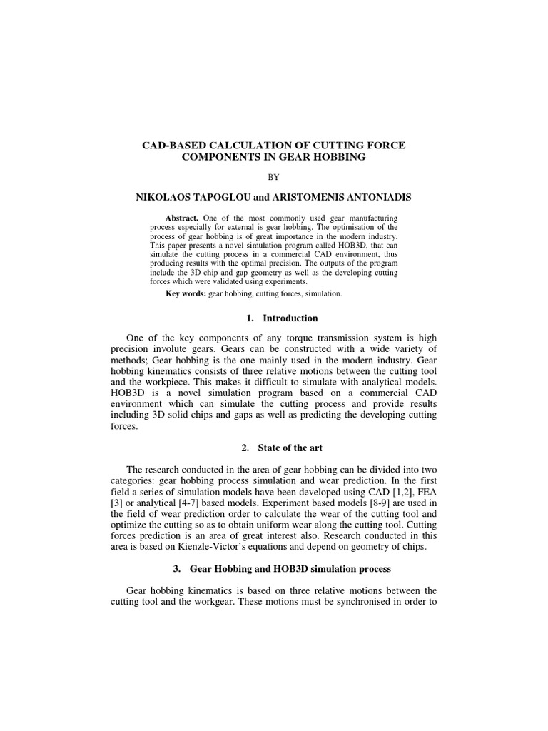 Cad Based Calculation of Cutting Force Components in Gear Hobbing PDF Gear Cartesian