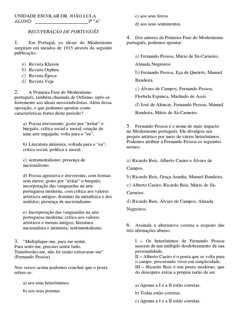 Questões sobre Modernismo Português | PDF | Modernismo | Poesia
