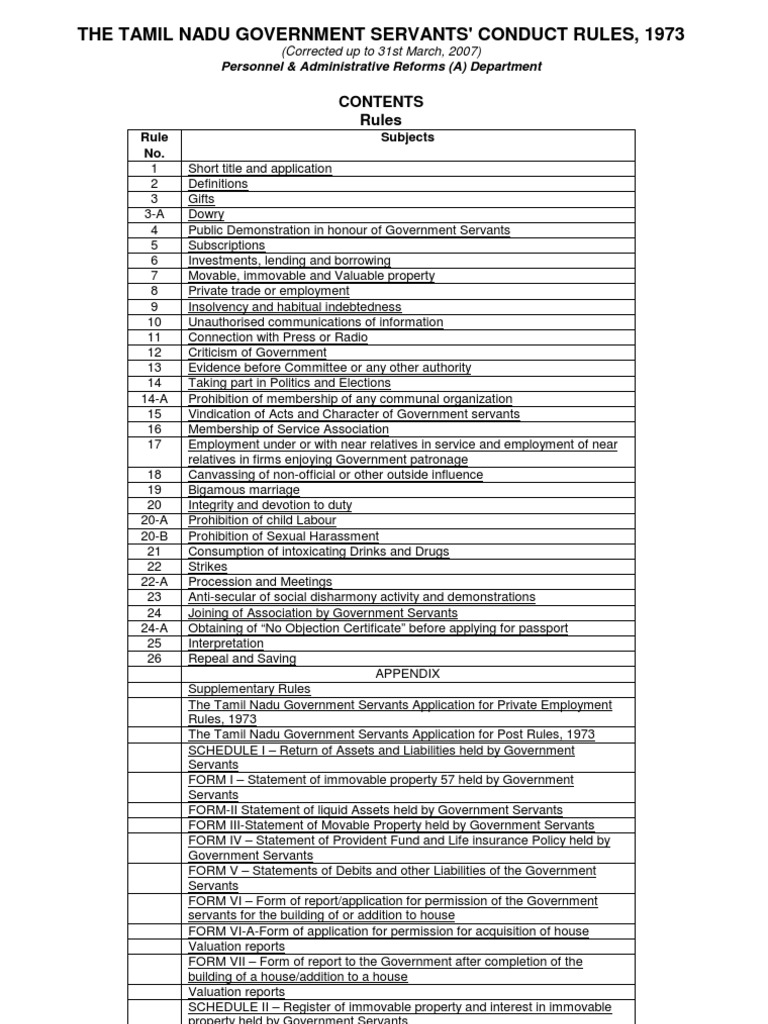 THE TAMIL NADU GOVERNMENT SERVANTS' CONDUCT RULES, 1973 (Updated 31Mar