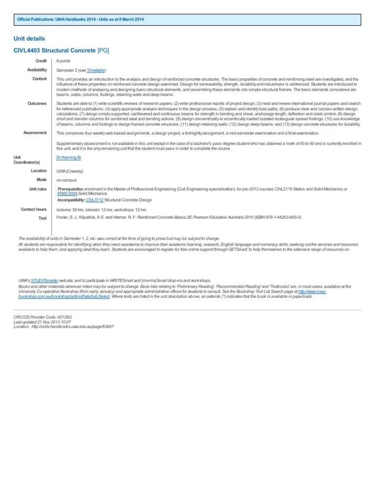 Civl4403 UWA Unit Outline | PDF | Beam (Structure) | Column