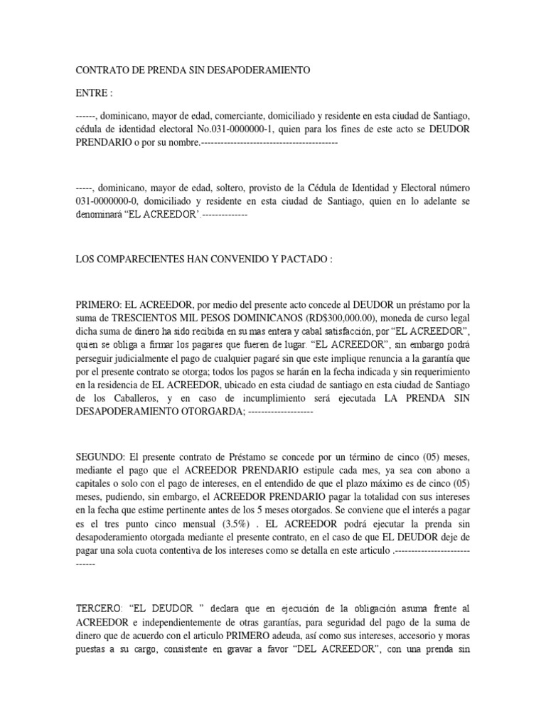 Contrato de Prenda Sin Desapoderamiento | PDF | Pagos | Gobierno