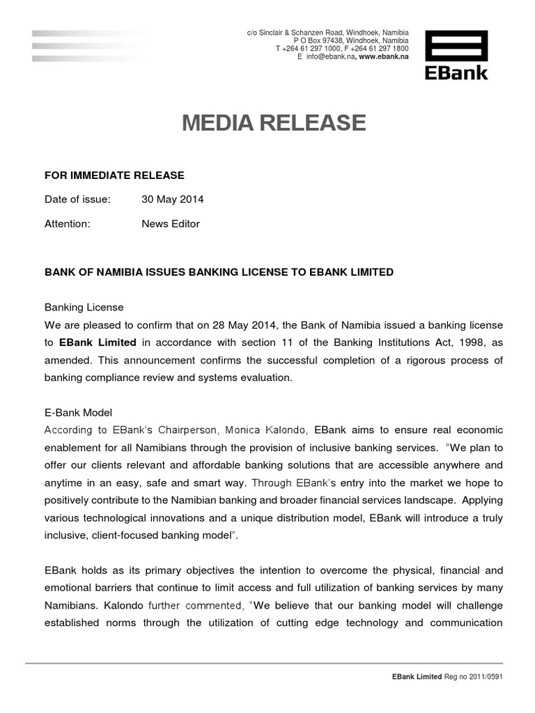 Bank of Namibia Issues Banking License To Ebank Limited | PDF | Namibia ...