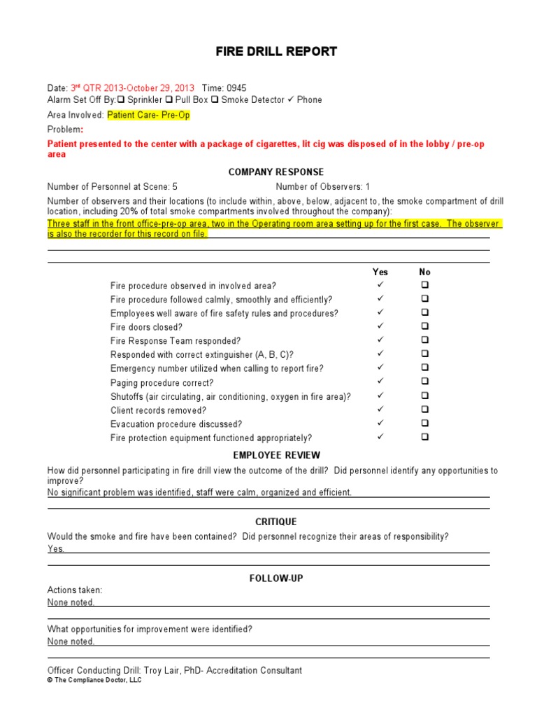 Fire Drill Report FormOct 2013 Fires Active Fire Protection