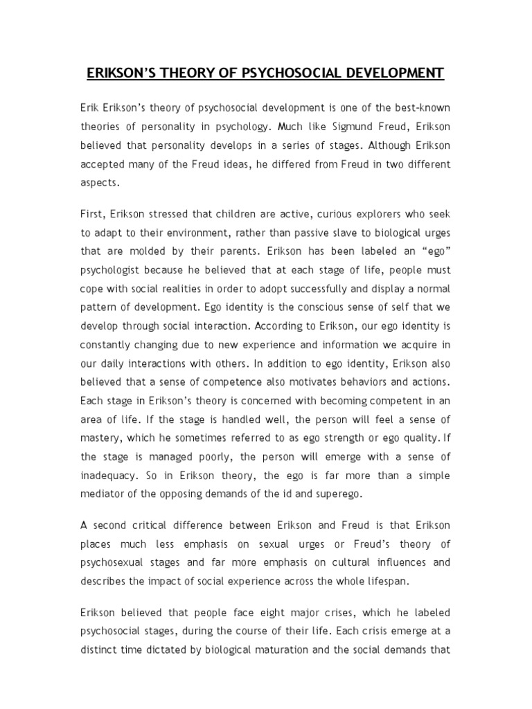 Erikson's Theory of Psychosocial Development | PDF | Id | Human Development