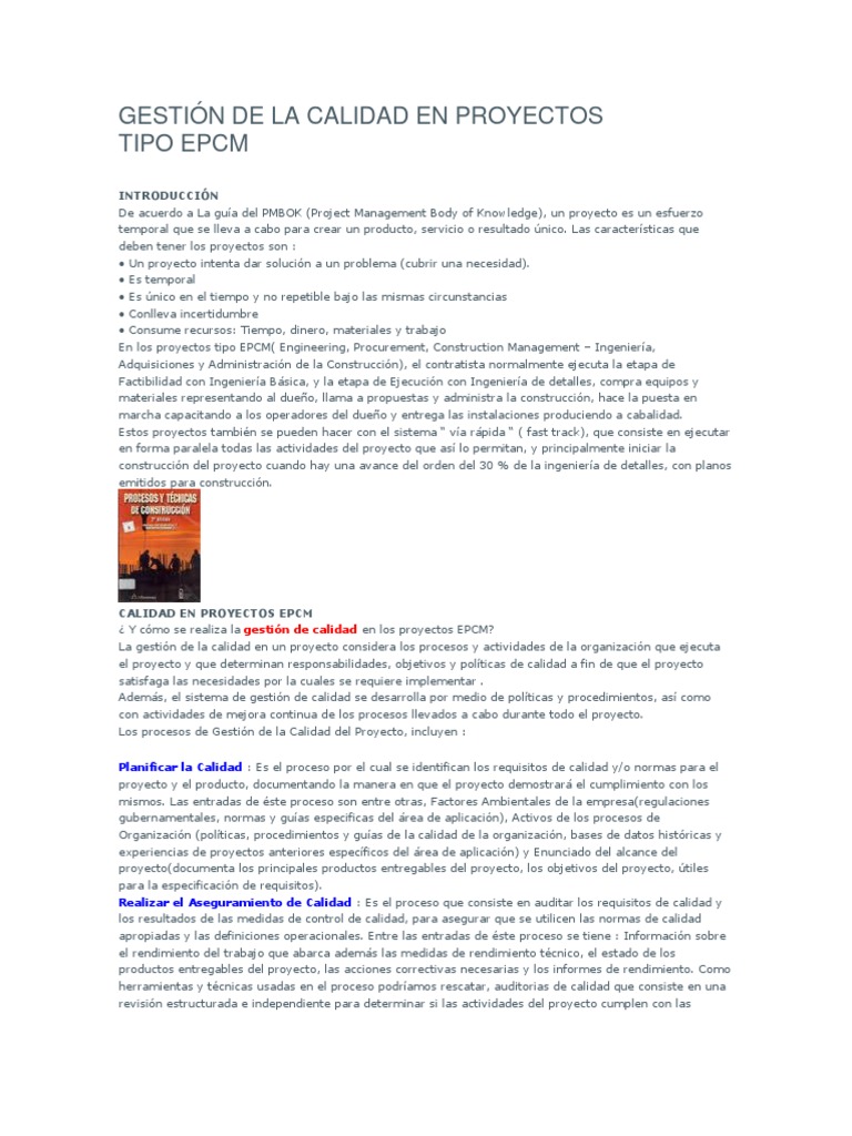 Gestión de La Calidad en Proyectos Tipo Epcm | PDF | Gestión de la ...