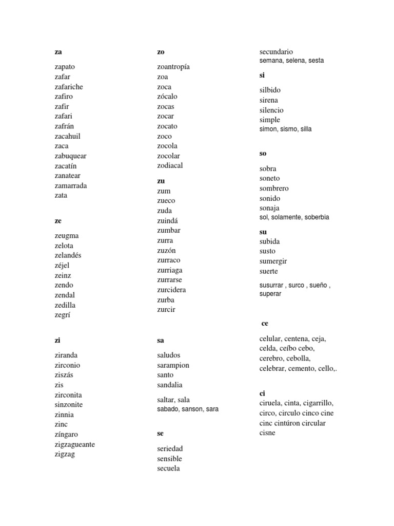 Palabras Con Za,Zo,Zu,Ce,Ci,Sa,Se,Si,So,Su