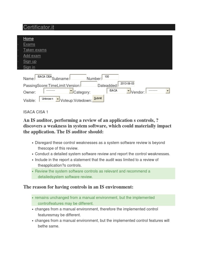 Cisa Exam 1 | PDF | Computer Network | Audit