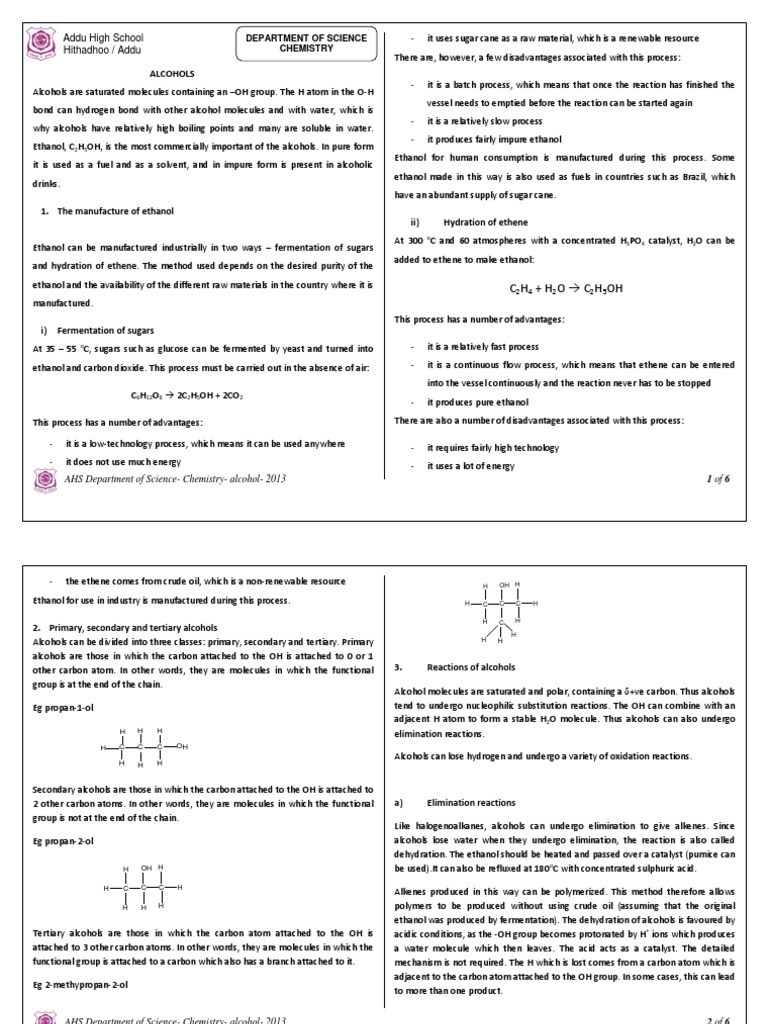 Alcohol Notes Alcohol Aldehyde