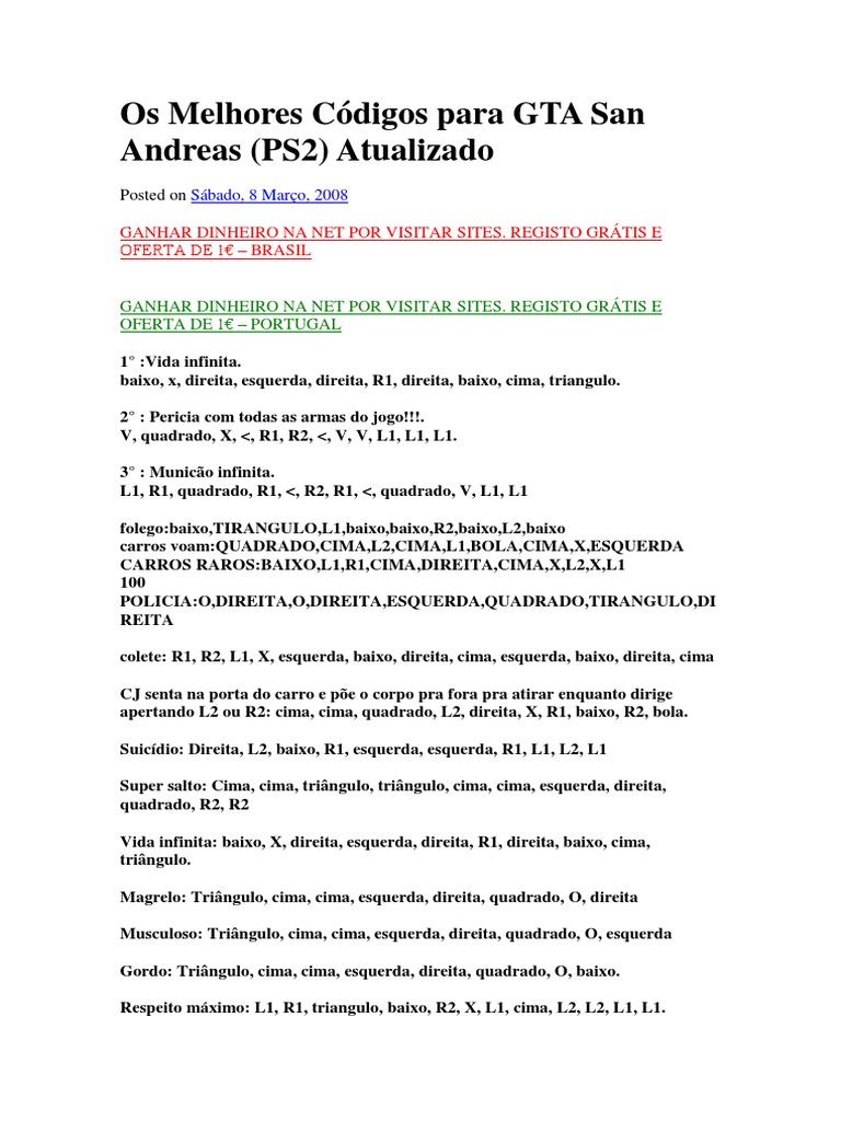 Os Melhores Códigos para GTA San Andreas, PDF, Lazer