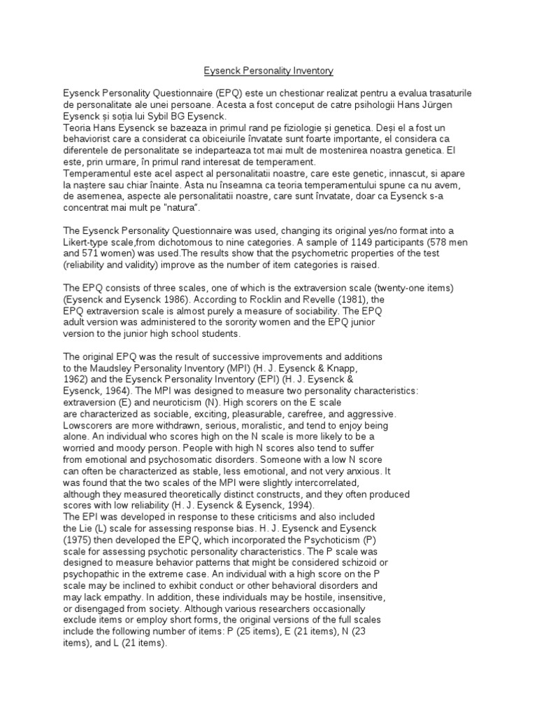 Eysenck Personality Inventory Overview | PDF | Extraversion And ...