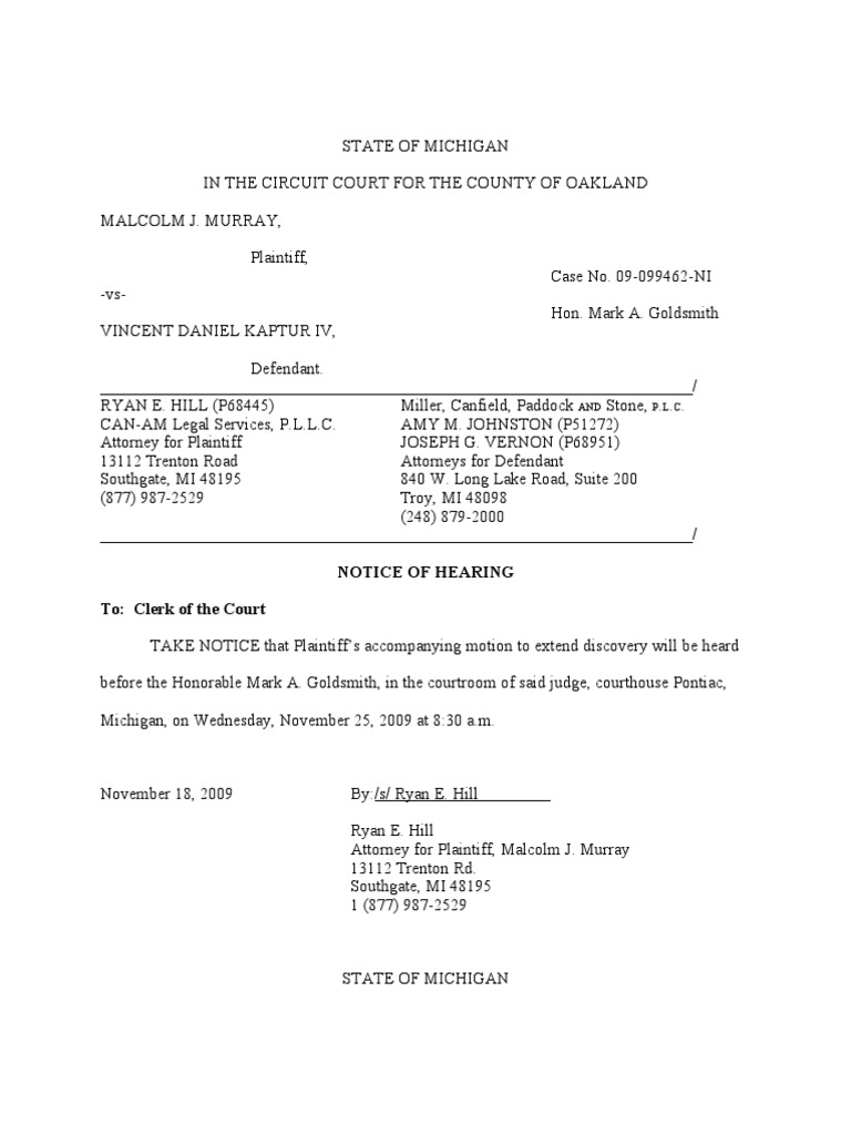 Notice of Hearing, Motion to Extend Discovery, Brief in Support