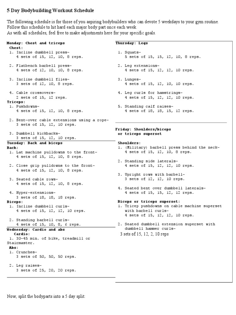 5 Day Bodybuilding Workout Schedule | Recreation | Weight Training