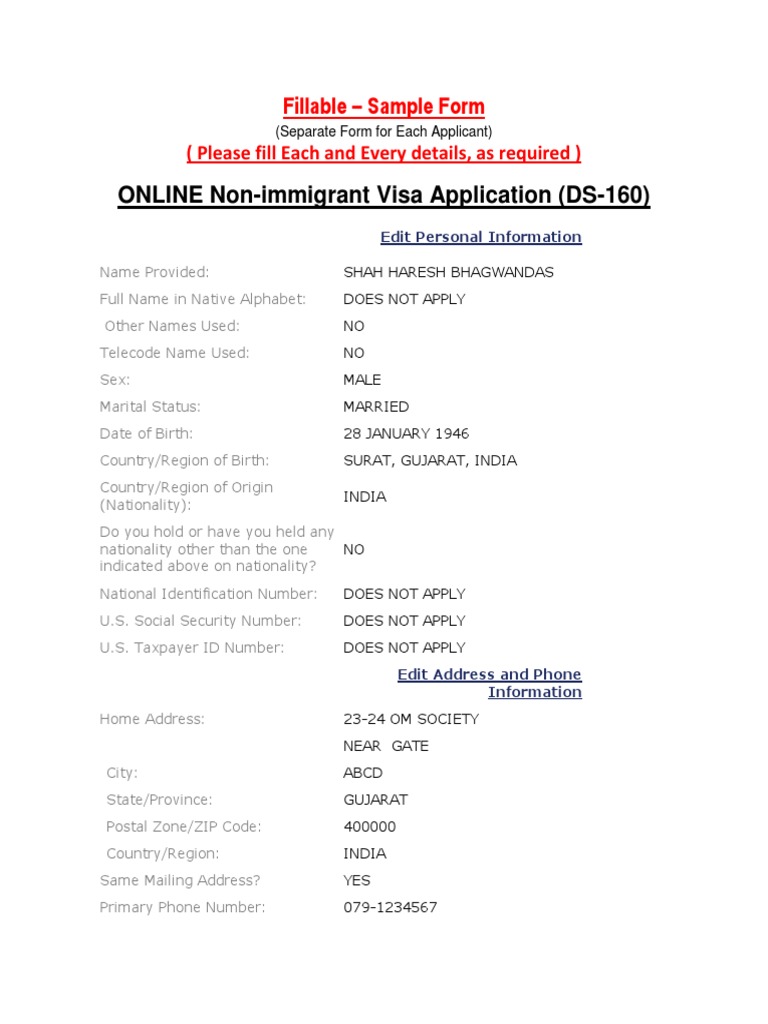 DS 160 Sample Form Travel Visa Zip Code
