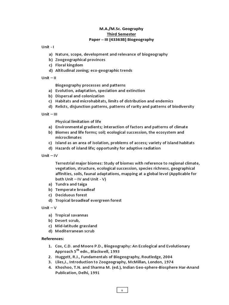 M.A./M.Sc. Geography Third Semester Paper - III (43363B) Biogeography | PDF